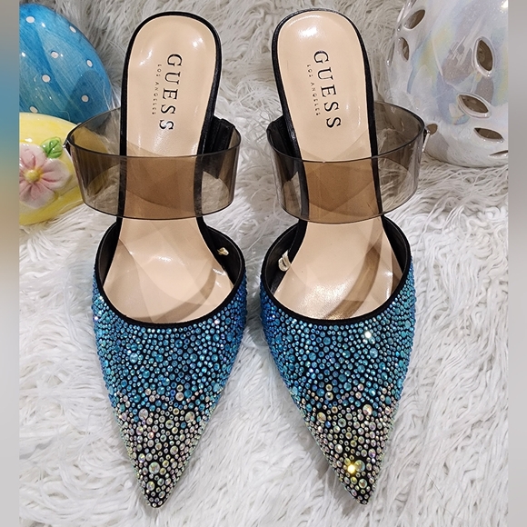 Guess by Marciano Blue and Gold Embellished Heels - Picture 1 of 5